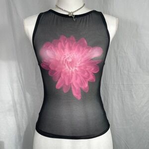 NWT Forever 21 Streetwear Y2k Graphic Black Flower Print Mesh Tank Top
